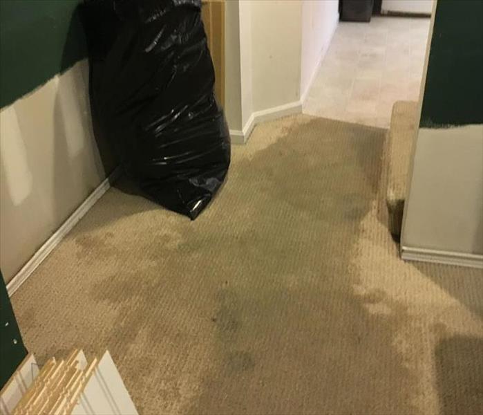 wet brown carpet, wood panels stacked